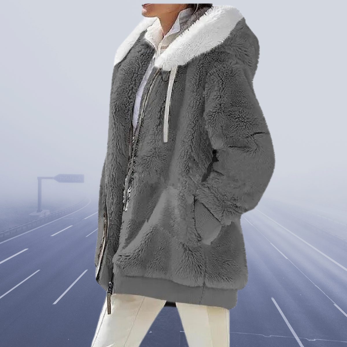 Oversized Fleece-Lined Hooded Teddy Jacket for Women - Charcoal