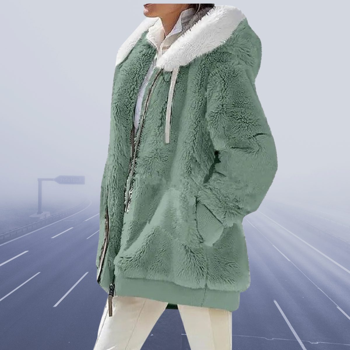 Oversized Fleece-Lined Hooded Teddy Jacket for Women - Pine Green