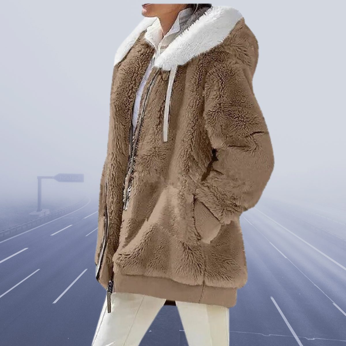 Oversized Fleece-Lined Hooded Teddy Jacket for Women - Sand