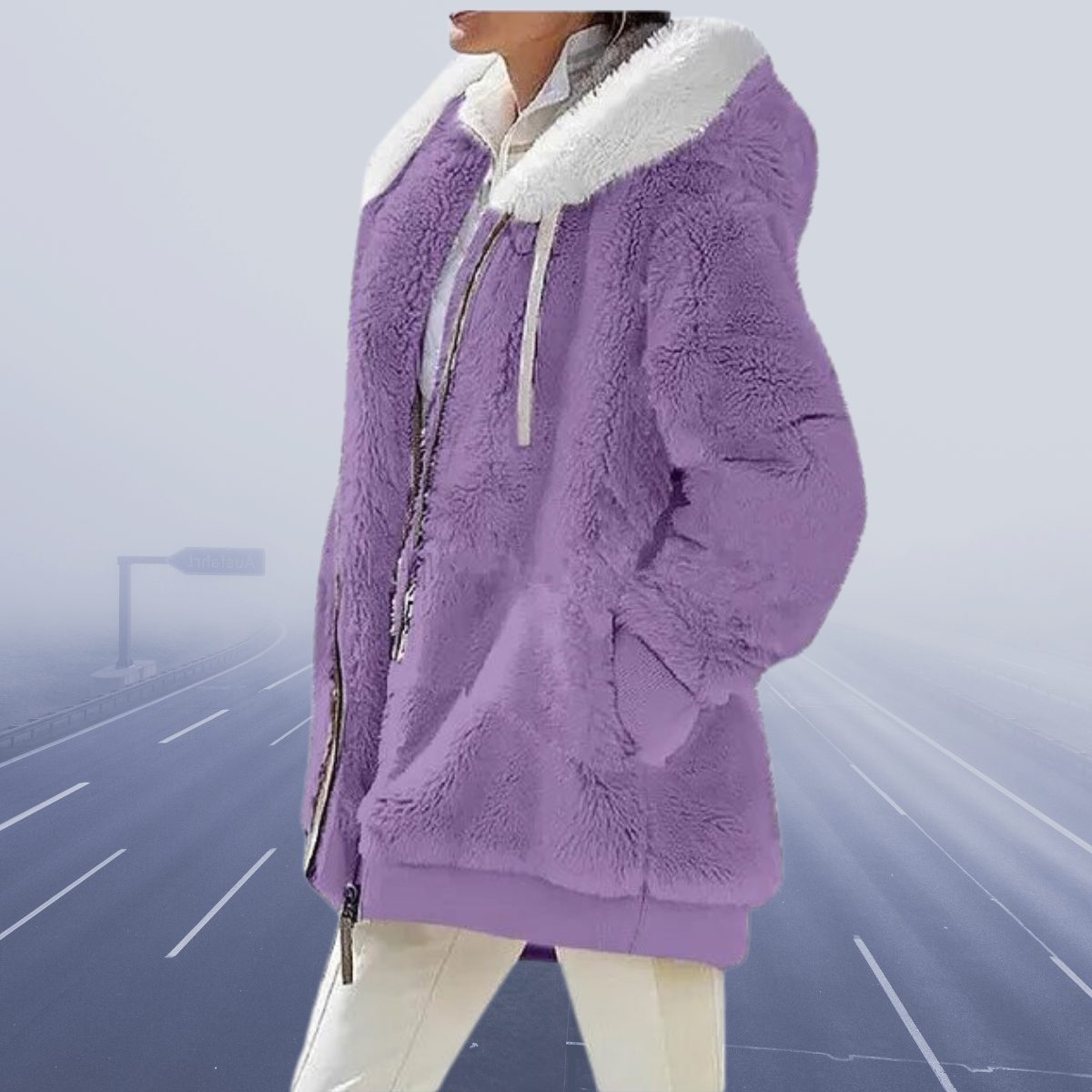 Oversized Fleece-Lined Hooded Teddy Jacket for Women - Violet