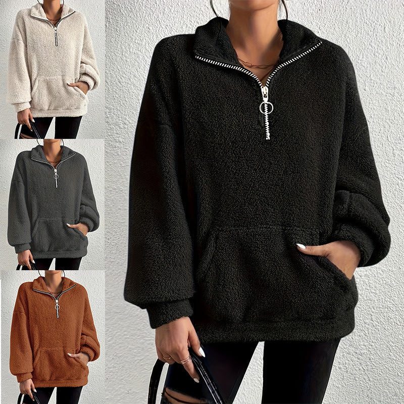 Oversized Half Zip Fleece Pullover with Side Pockets for Women