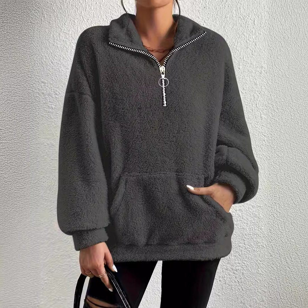 Oversized Half Zip Fleece Pullover with Side Pockets for Women