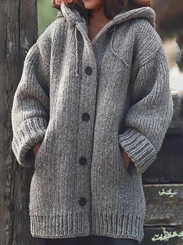 Oversized Hooded Ribbed Knit Cardigan for Women - Gray