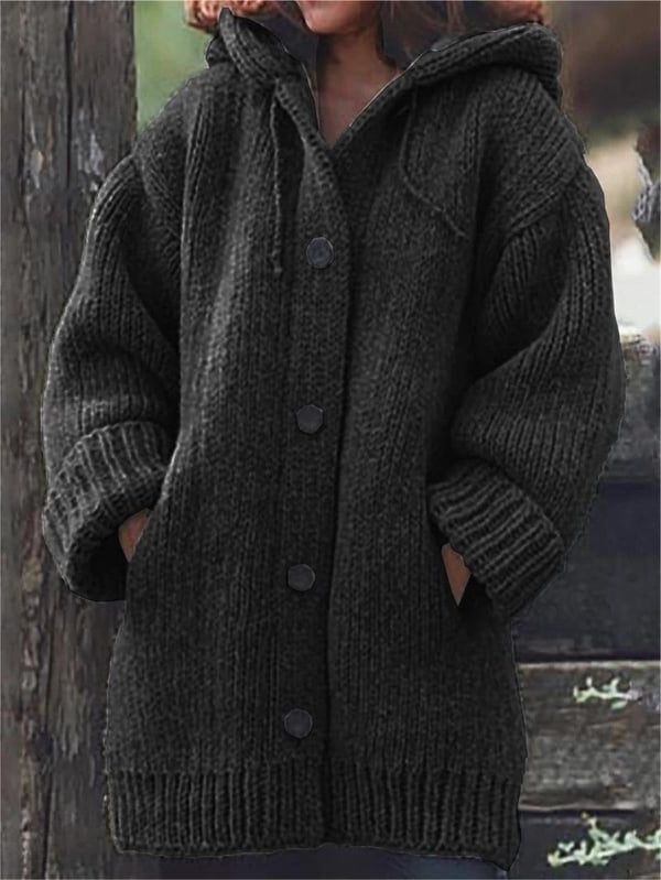 Oversized Hooded Ribbed Knit Cardigan for Women - Black