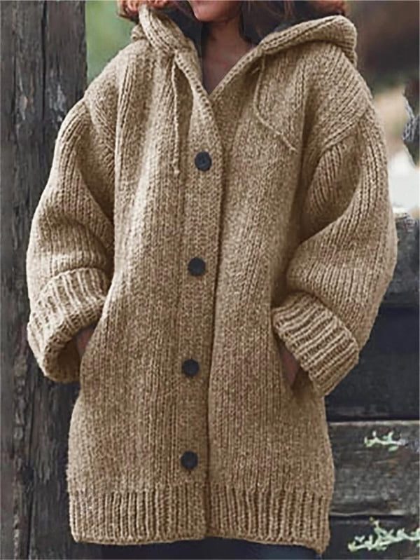 Oversized Hooded Ribbed Knit Cardigan for Women - Khaki