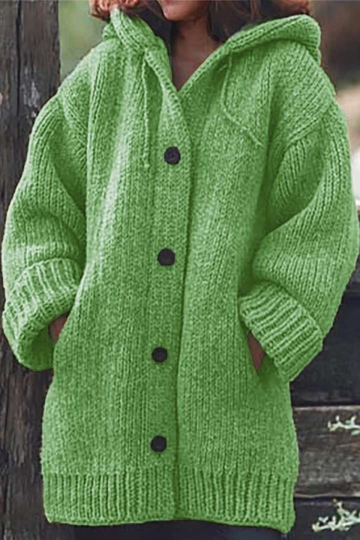 Oversized Hooded Ribbed Knit Cardigan for Women - Green