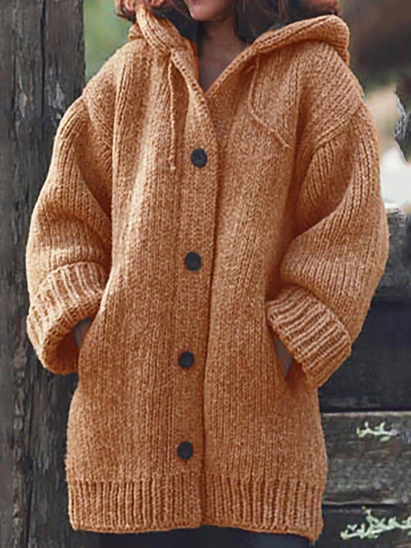 Oversized Hooded Ribbed Knit Cardigan for Women - Orange