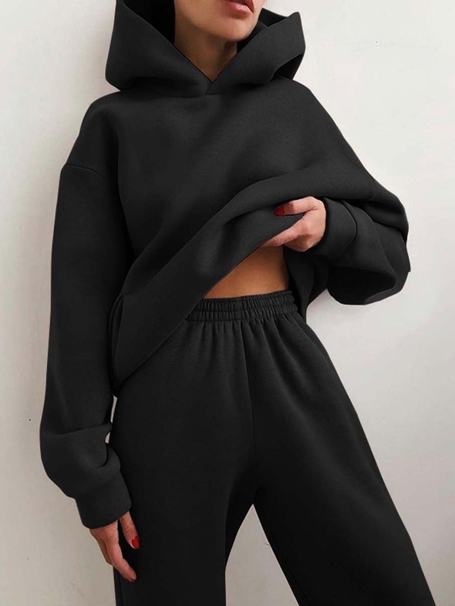 Oversized Hoodie Jogger Set for Women - Black
