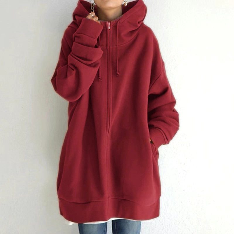 Oversized Hoodie Sweatshirt with Drawstring for Women - Red