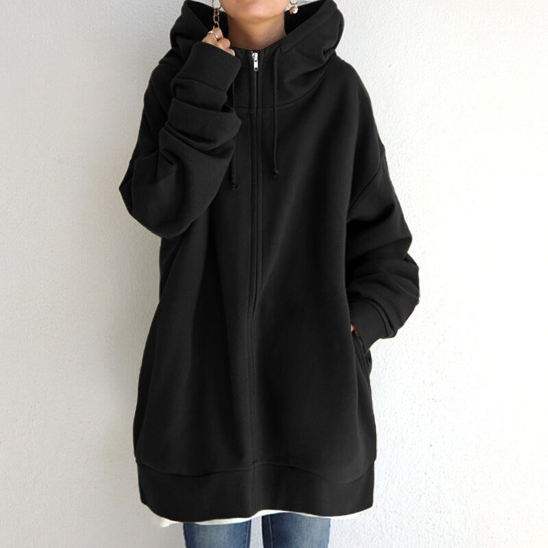 Oversized Hoodie Sweatshirt with Drawstring for Women - Black