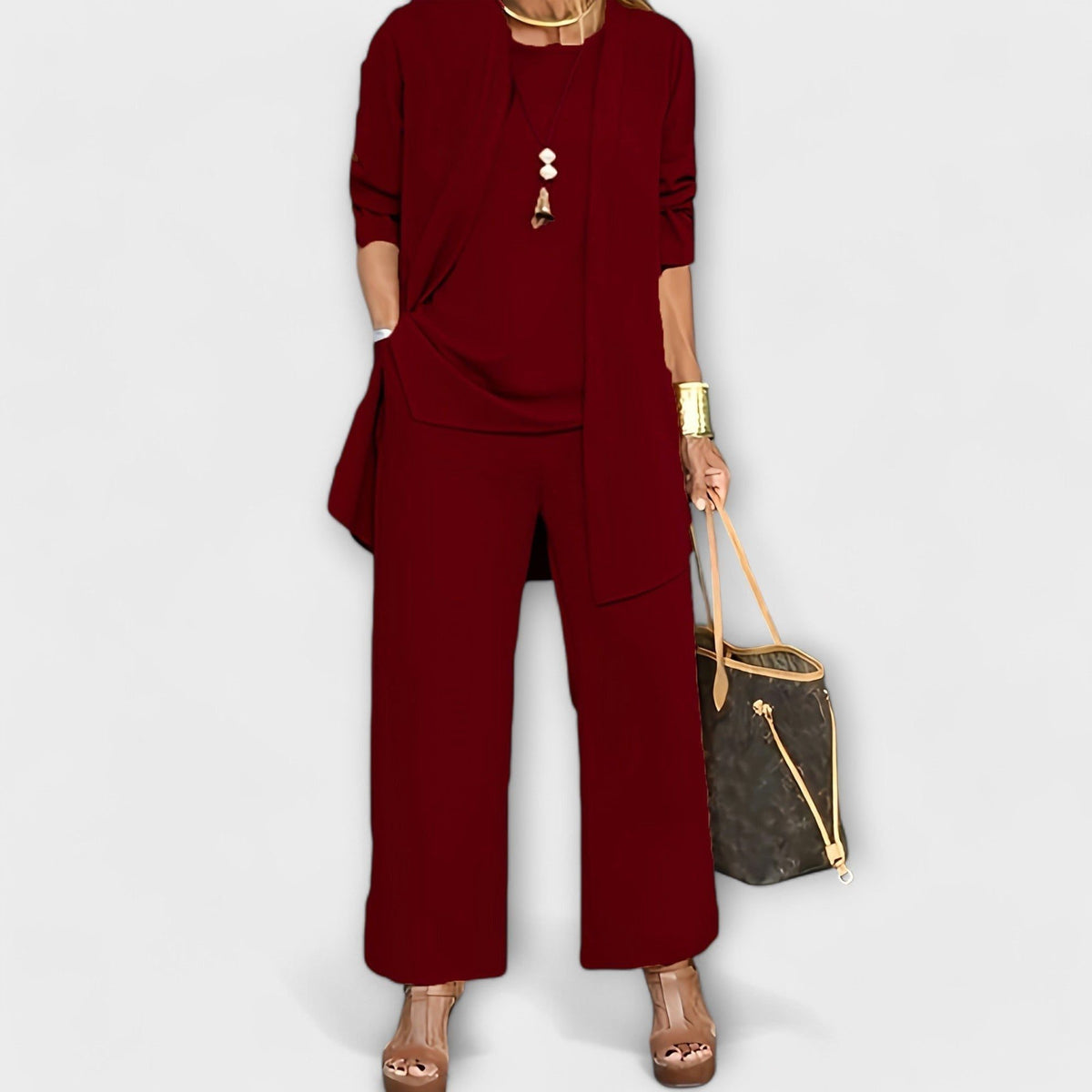 Oversized Knit Cardigan Set with Wide Leg Trousers for Women - Red