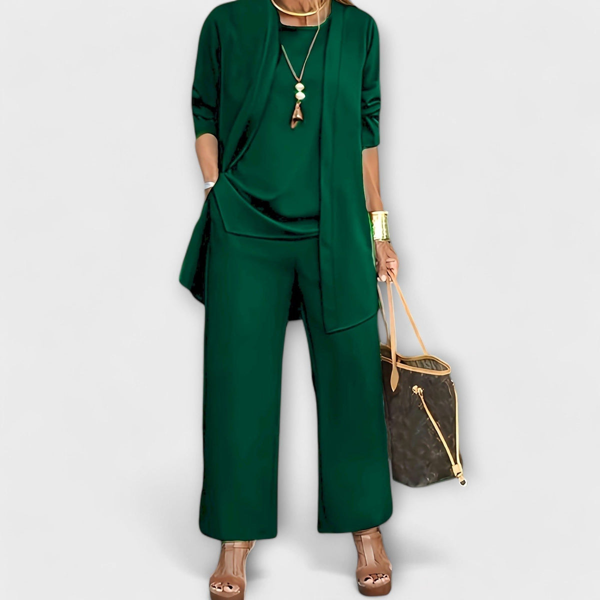 Oversized Knit Cardigan Set with Wide Leg Trousers for Women - Green