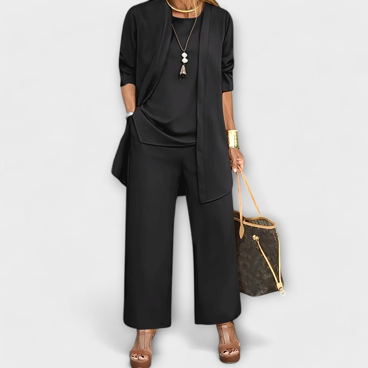 Oversized Knit Cardigan Set with Wide Leg Trousers for Women - Black