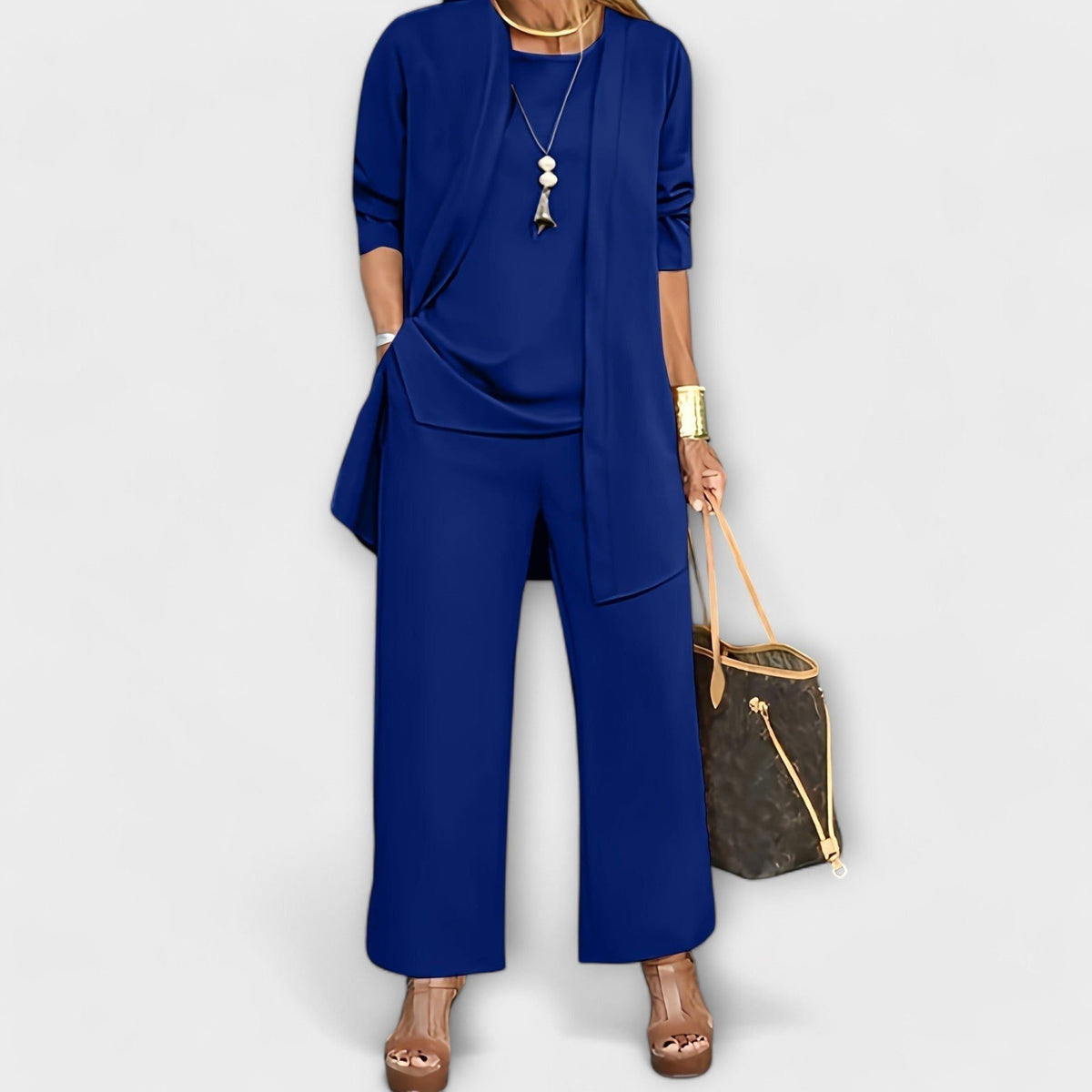 Oversized Knit Cardigan Set with Wide Leg Trousers for Women - Blue