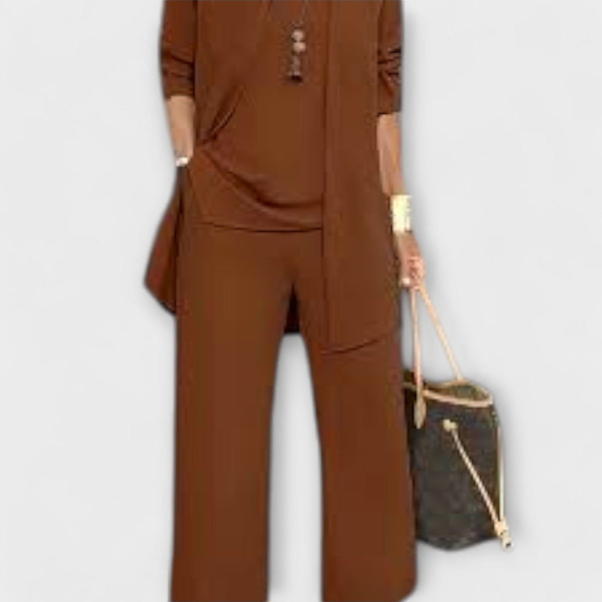 Oversized Knit Cardigan Set with Wide Leg Trousers for Women - Dark Brown