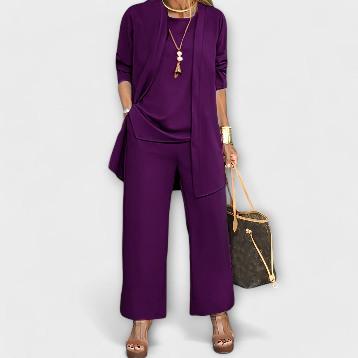 Oversized Knit Cardigan Set with Wide Leg Trousers for Women - Purple