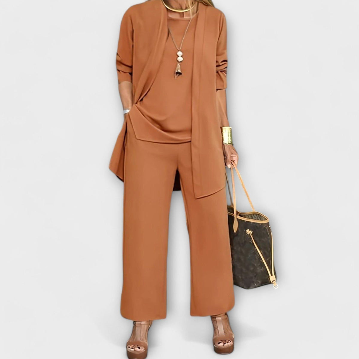 Oversized Knit Cardigan Set with Wide Leg Trousers for Women - View 2