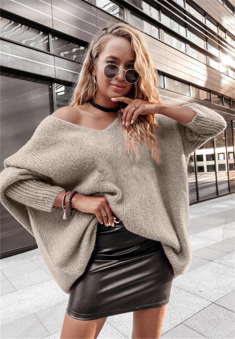 Oversized Knit Sweater with Wide Neck for Women