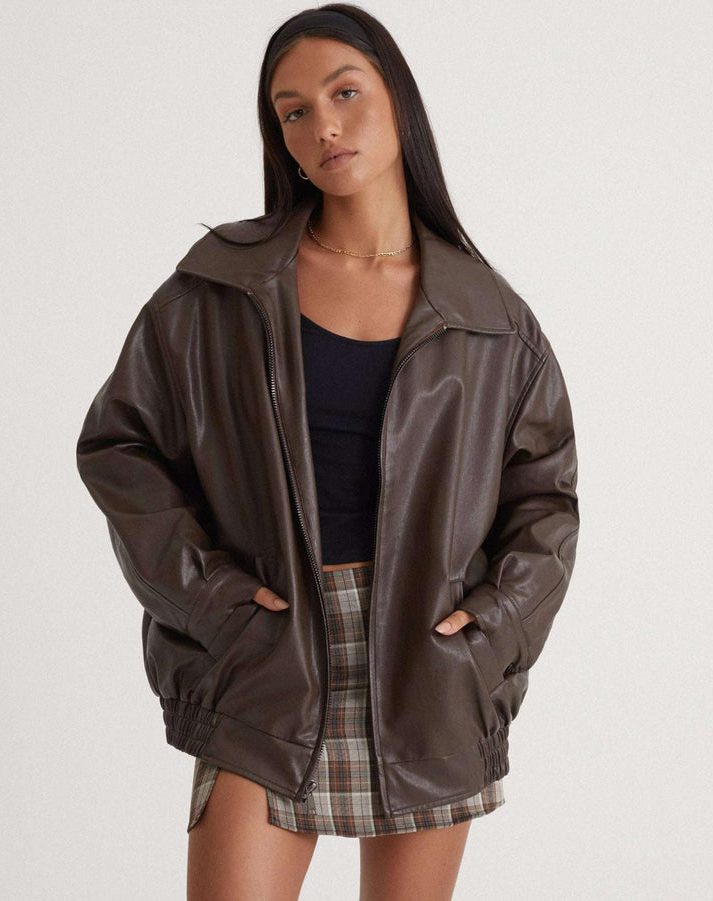 Oversized Leather Jacket for Women - Brown