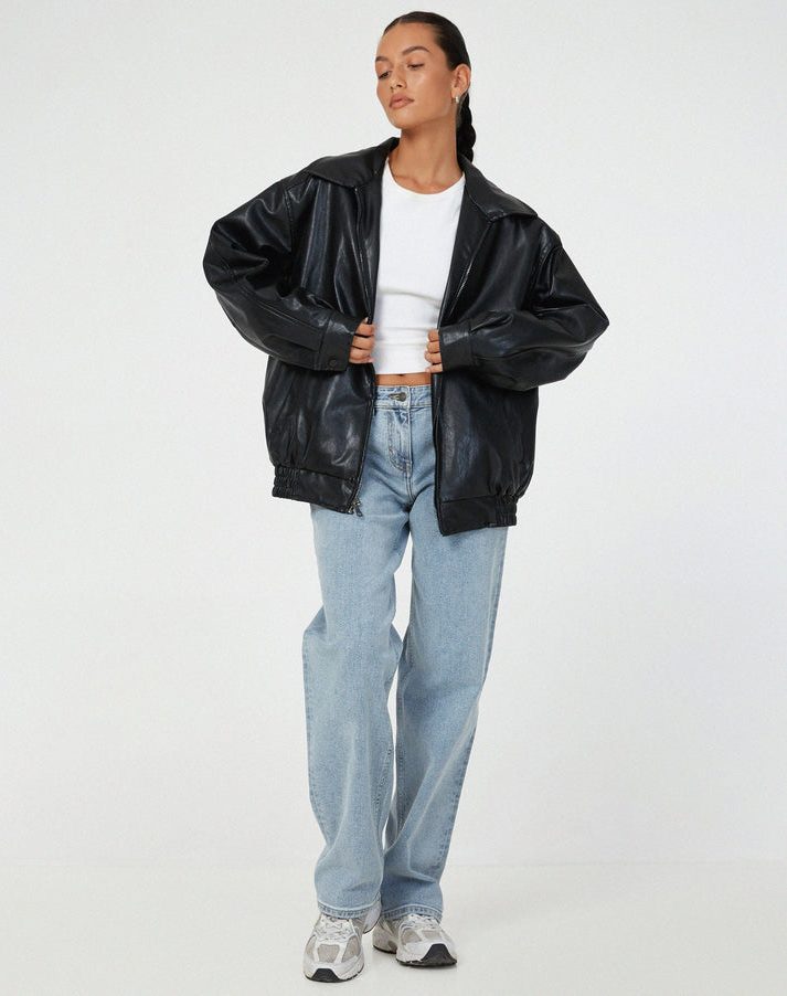 Oversized Leather Jacket for Women - Black