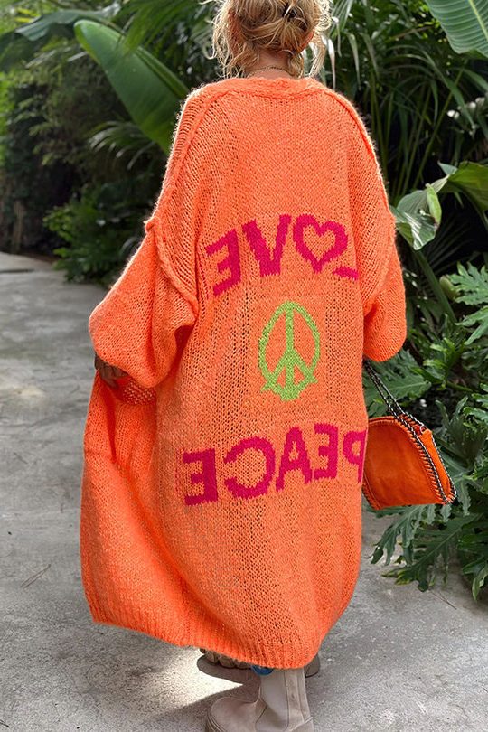 Oversized Long Cardigan with Love and Peace Design for Women - Orange