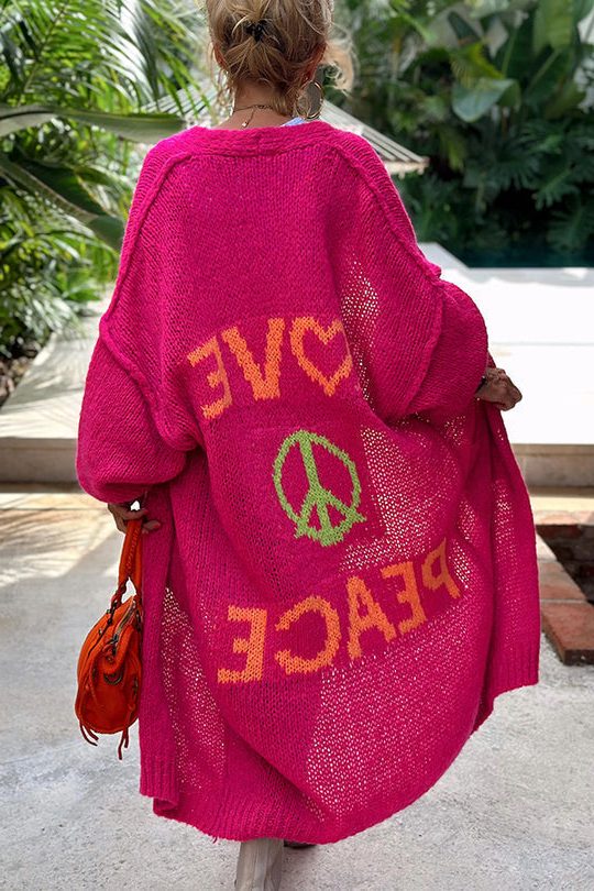 Oversized Long Cardigan with Love and Peace Design for Women - Pink