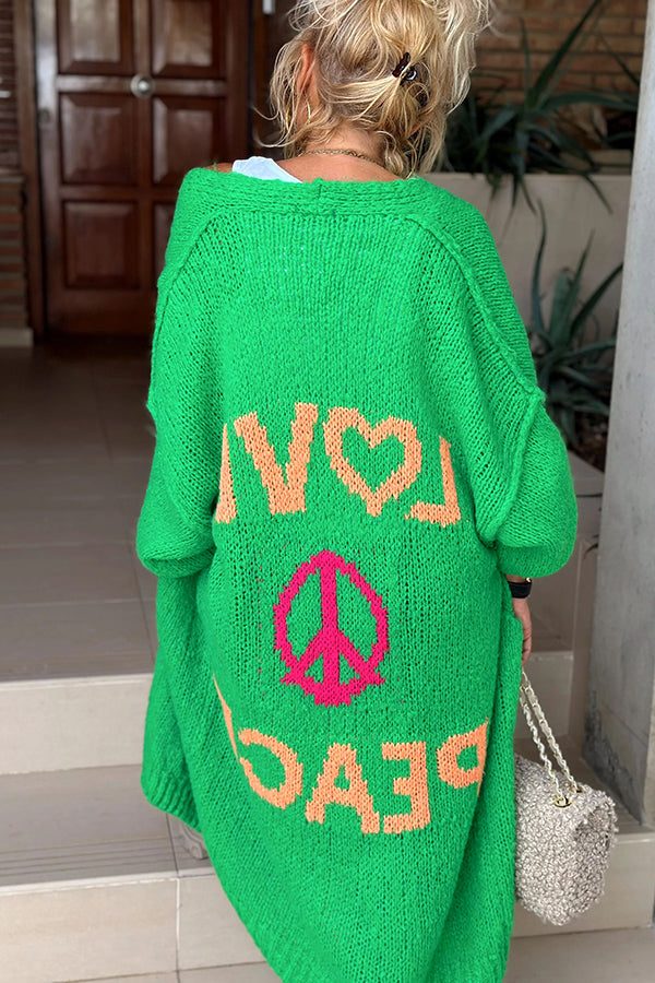 Oversized Long Cardigan with Love and Peace Design for Women - Green