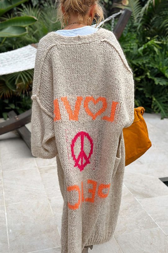 Oversized Long Cardigan with Love and Peace Design for Women - Beige