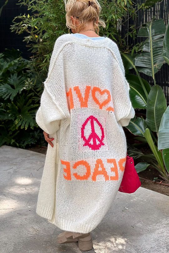 Oversized Long Cardigan with Love and Peace Design for Women - White
