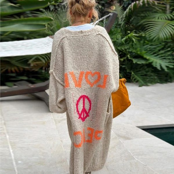 Oversized Long Cardigan with Love and Peace Design for Women - View 2