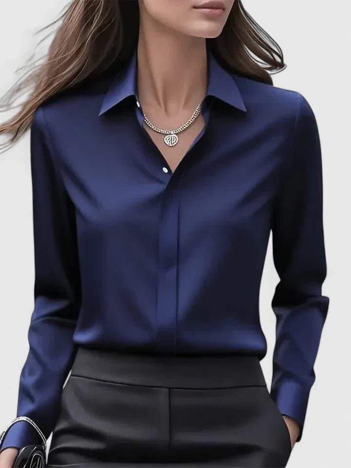 Oversized Satin Button-Down Blouse with Long Sleeves for Women
