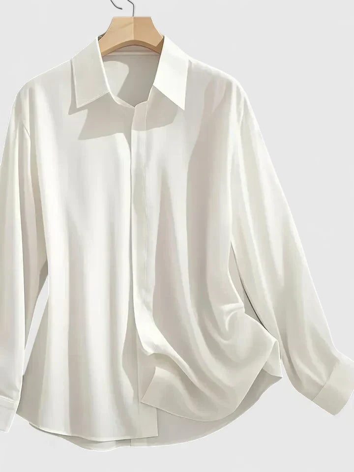 Oversized Satin Button-Down Blouse with Long Sleeves for Women