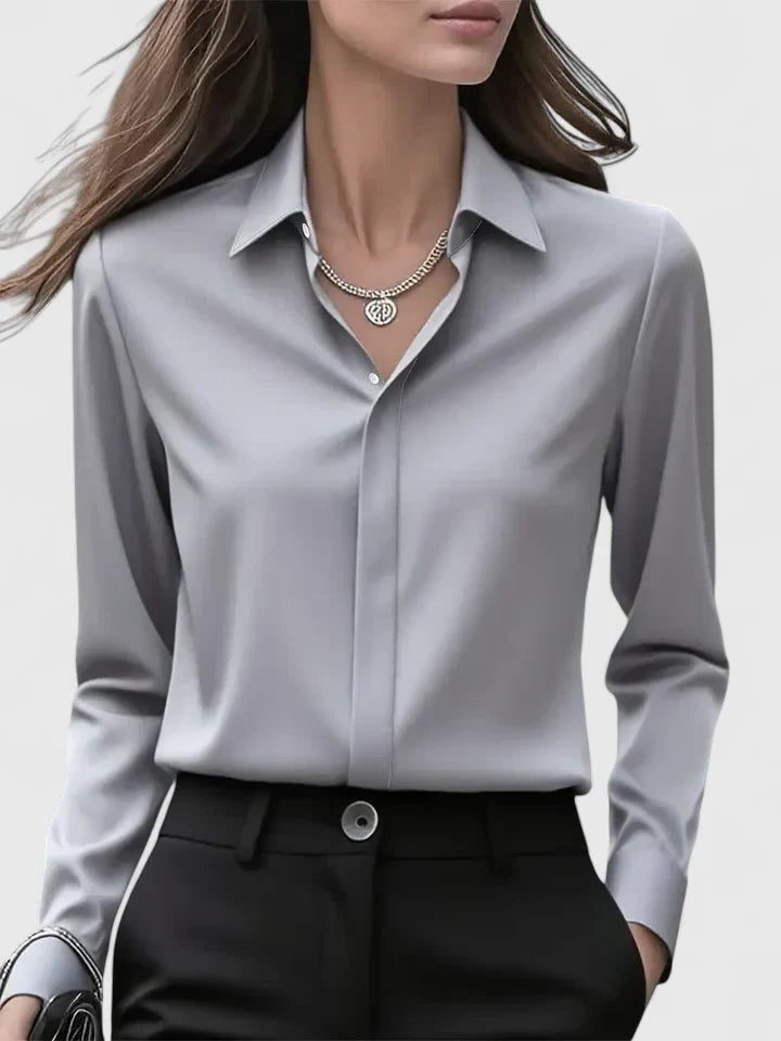 Oversized Satin Button-Down Blouse with Long Sleeves for Women
