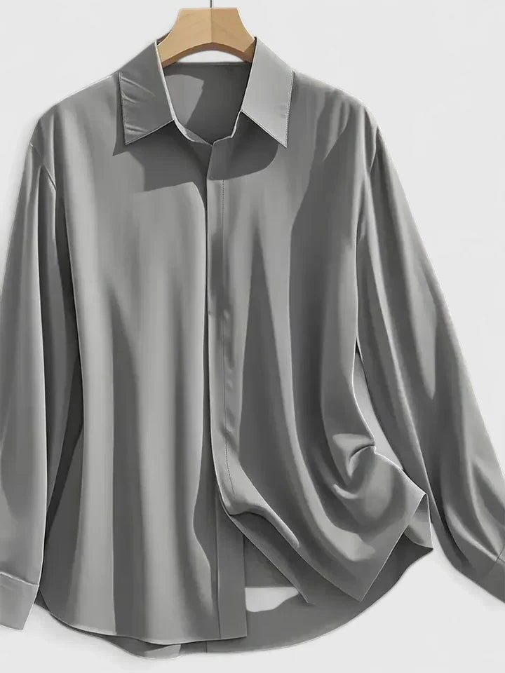 Oversized Satin Button-Down Blouse with Long Sleeves for Women