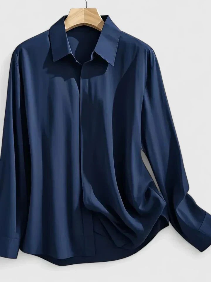 Oversized Satin Button-Down Blouse with Long Sleeves for Women