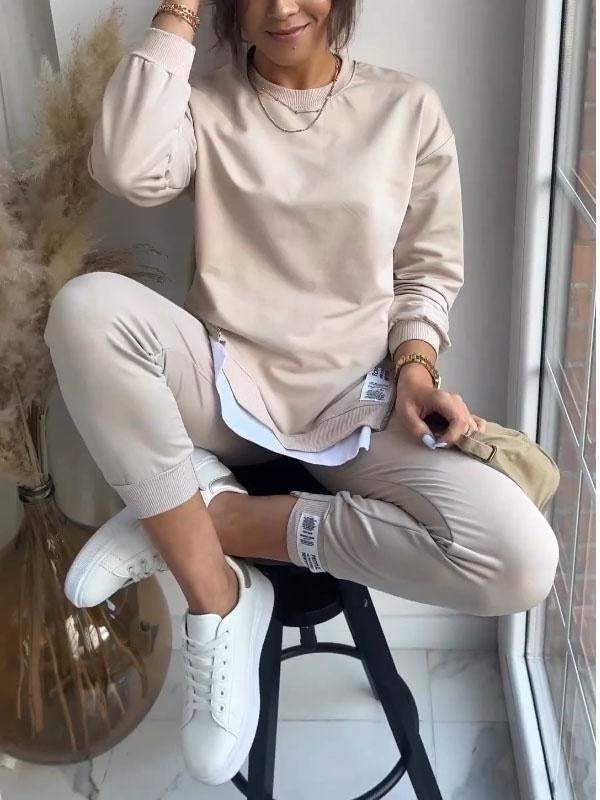 Oversized Long Sleeve Sweater and Pants Set for Women - Khaki