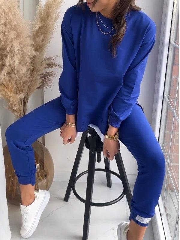 Oversized Long Sleeve Sweater and Pants Set for Women - Blue