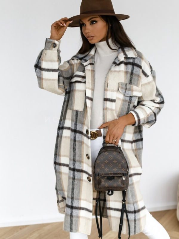 Oversized Plaid Button-Down Coat for Women