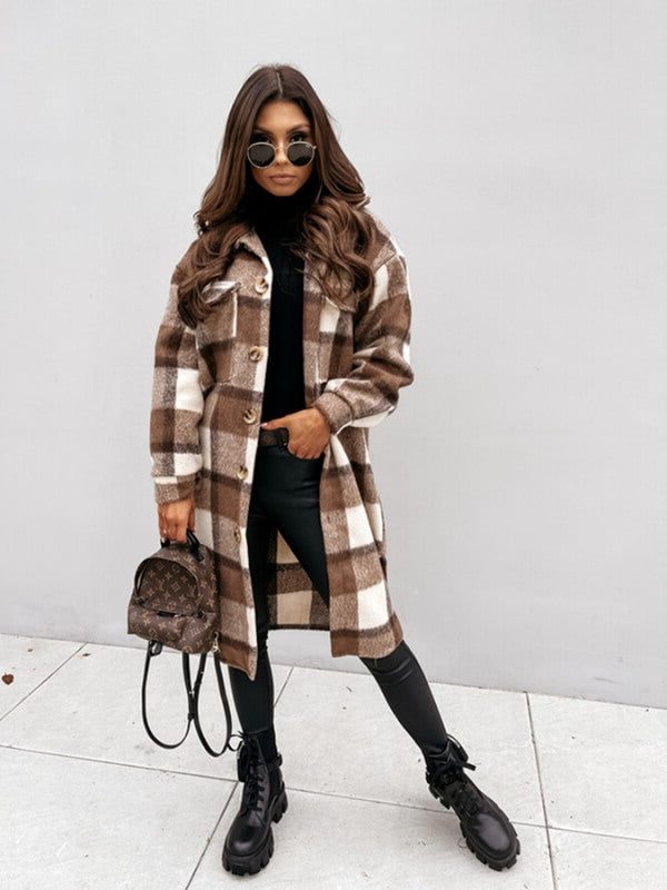 Oversized Plaid Button-Down Coat for Women - Dark Brown