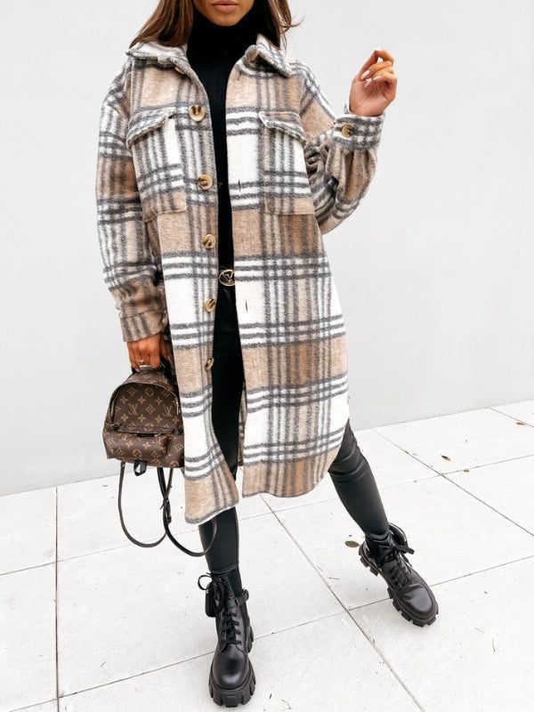 Oversized Plaid Button-Down Coat for Women - Light Brown