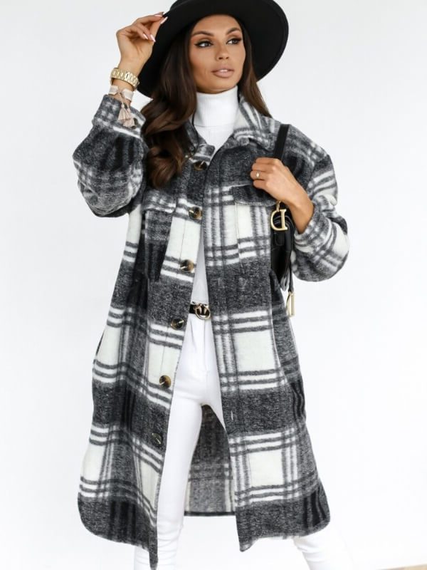 Oversized Plaid Button-Down Coat for Women - Dark Gray