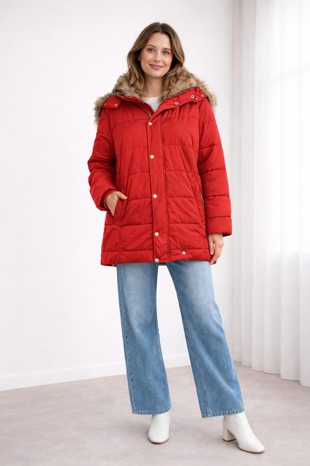 Oversized Quilted Puffer Jacket for Women - Red