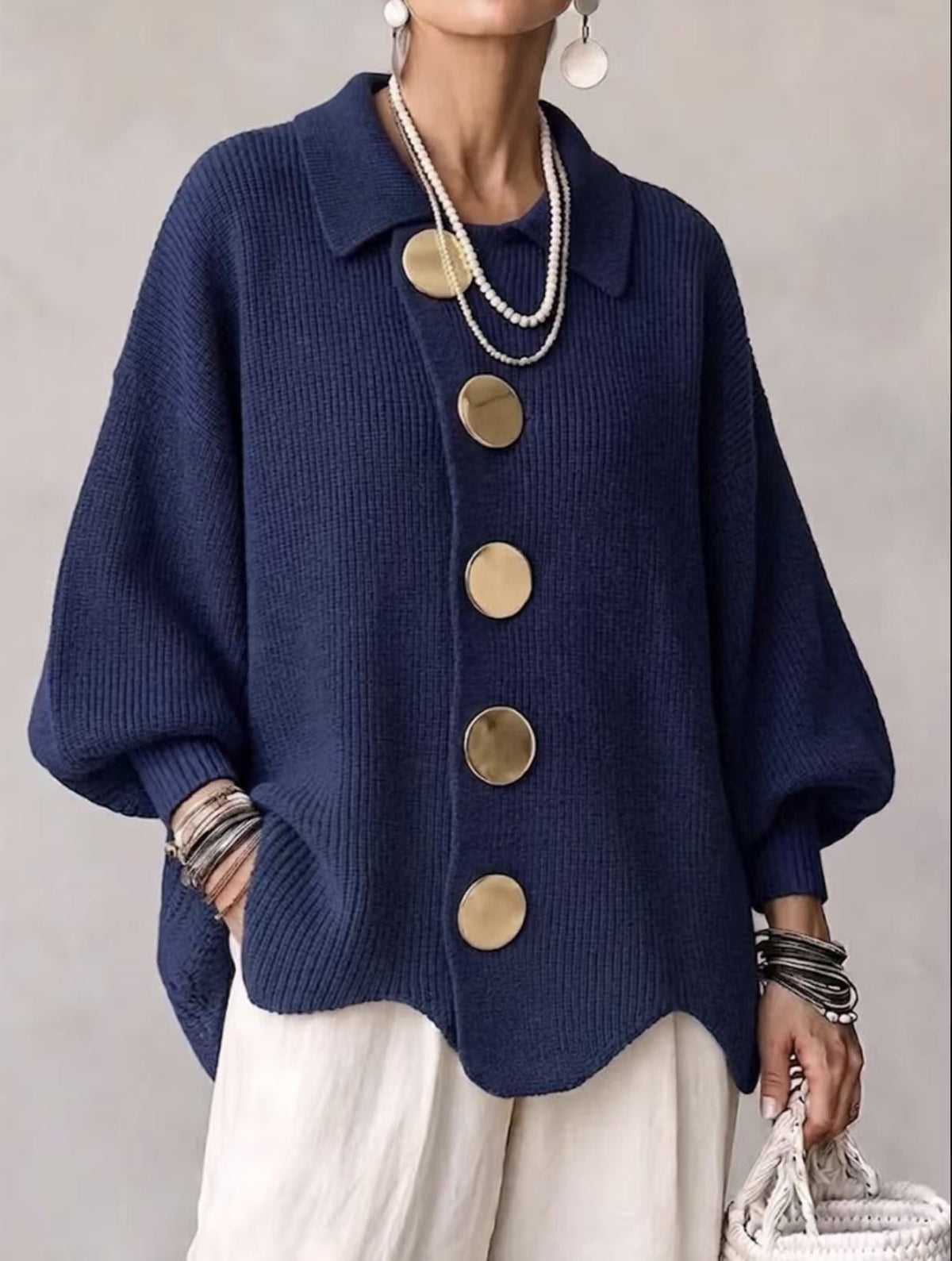 Oversized Ribbed Knit Cardigan with Collar for Women