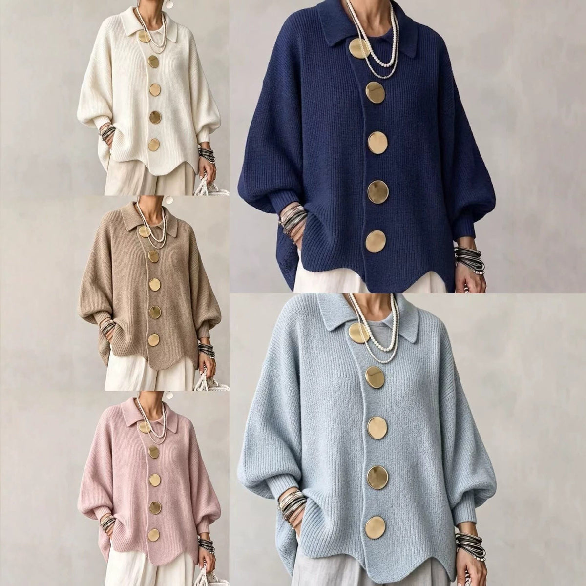 Oversized Ribbed Knit Cardigan with Collar for Women - View 2