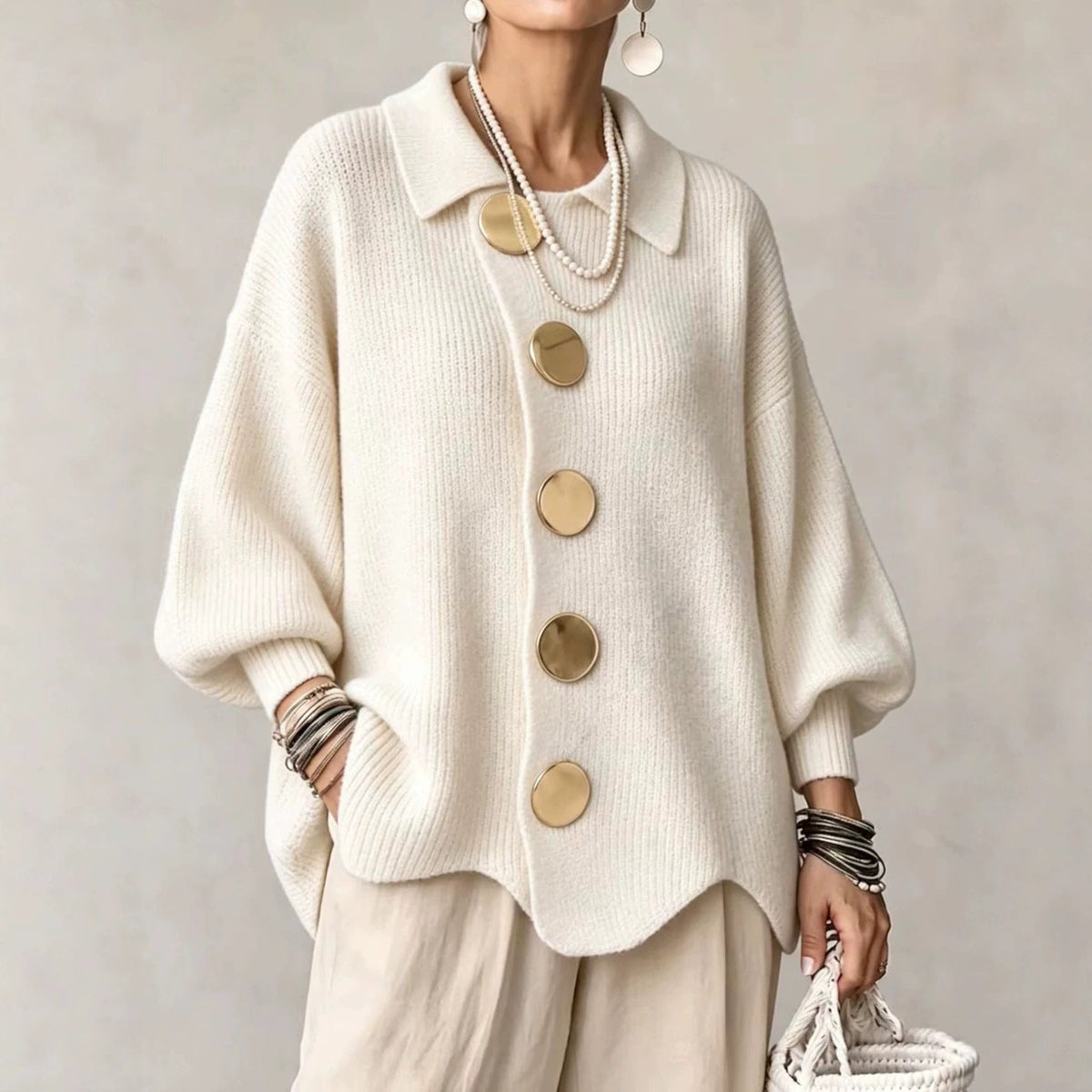 Oversized Ribbed Knit Cardigan with Collar for Women - Cream