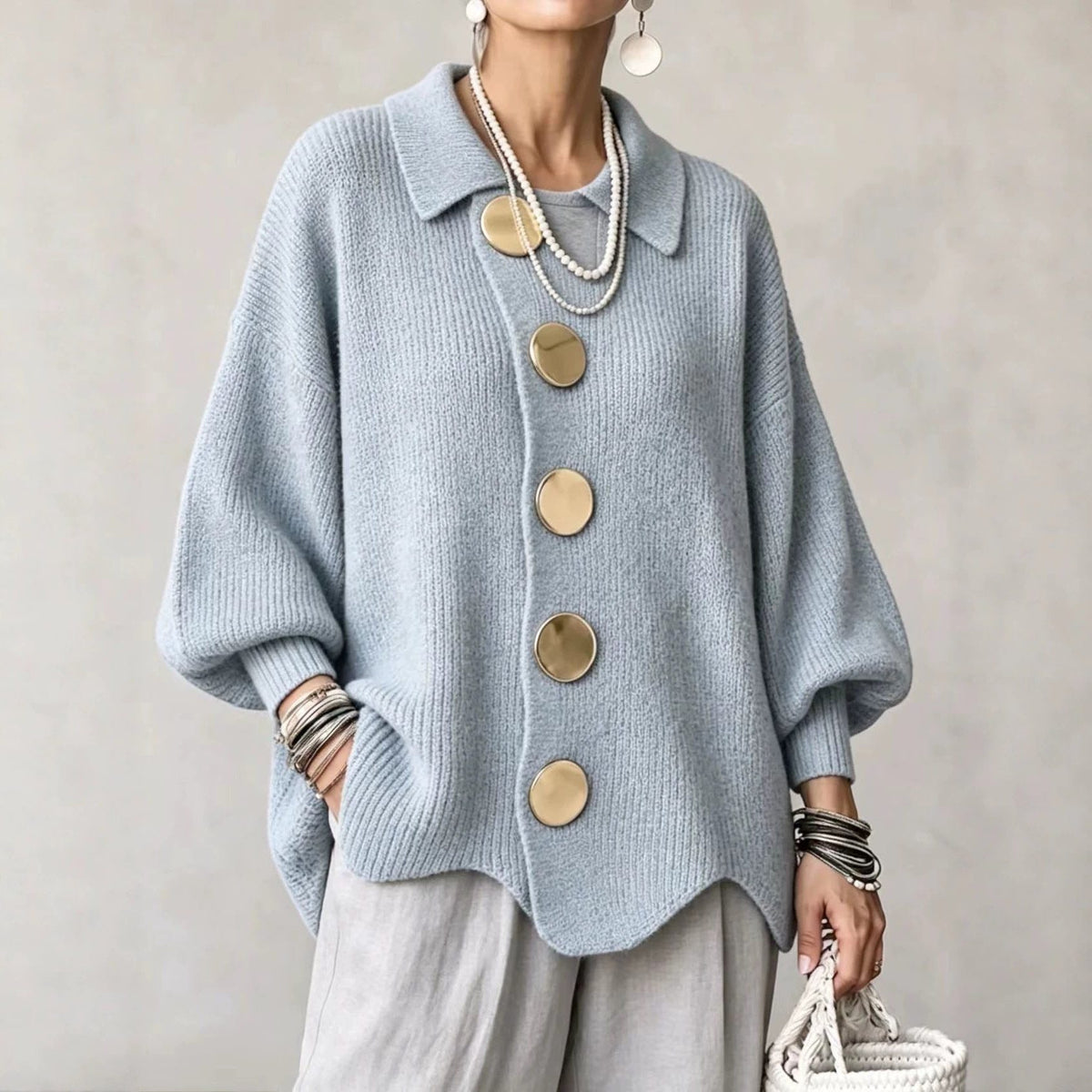 Oversized Ribbed Knit Cardigan with Collar for Women - Sky Blue