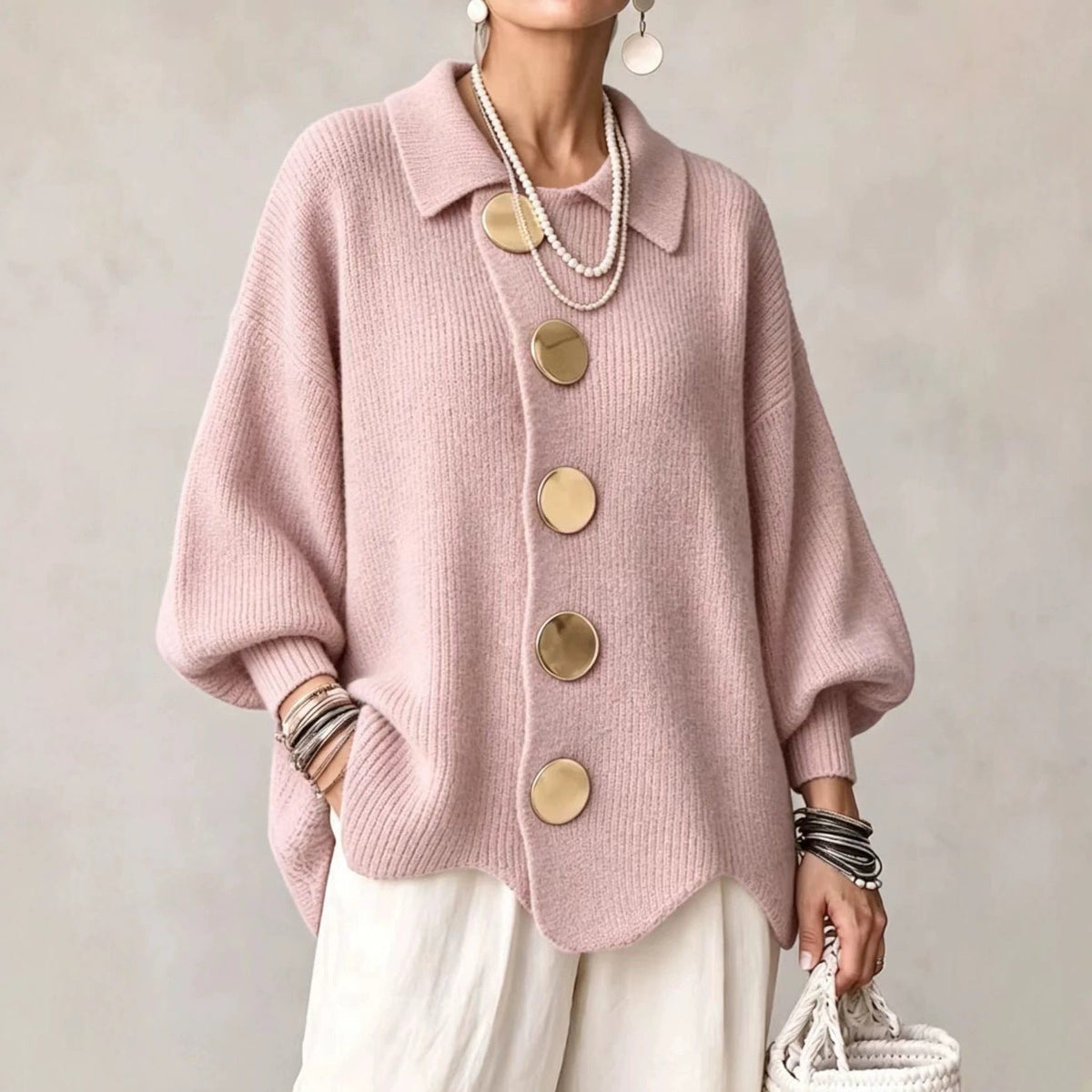 Oversized Ribbed Knit Cardigan with Collar for Women - Pink
