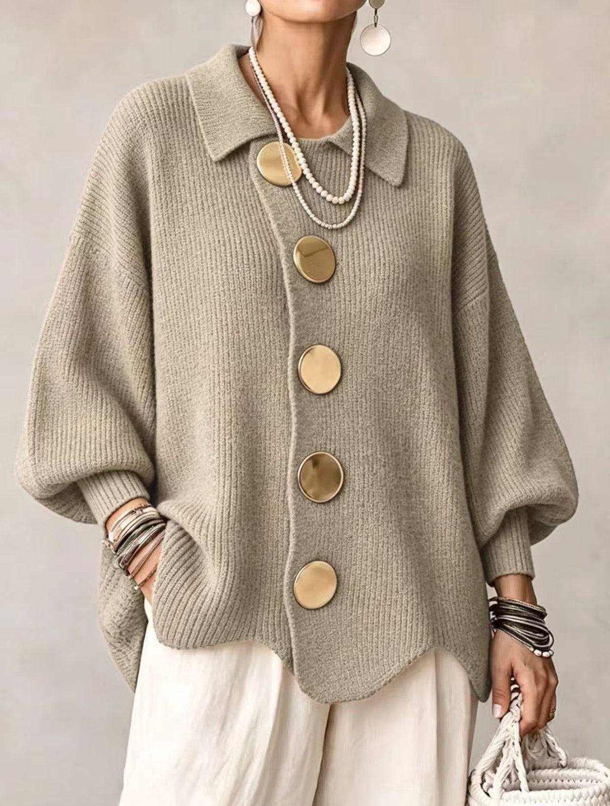 Oversized Ribbed Knit Cardigan with Collar for Women - Khaki