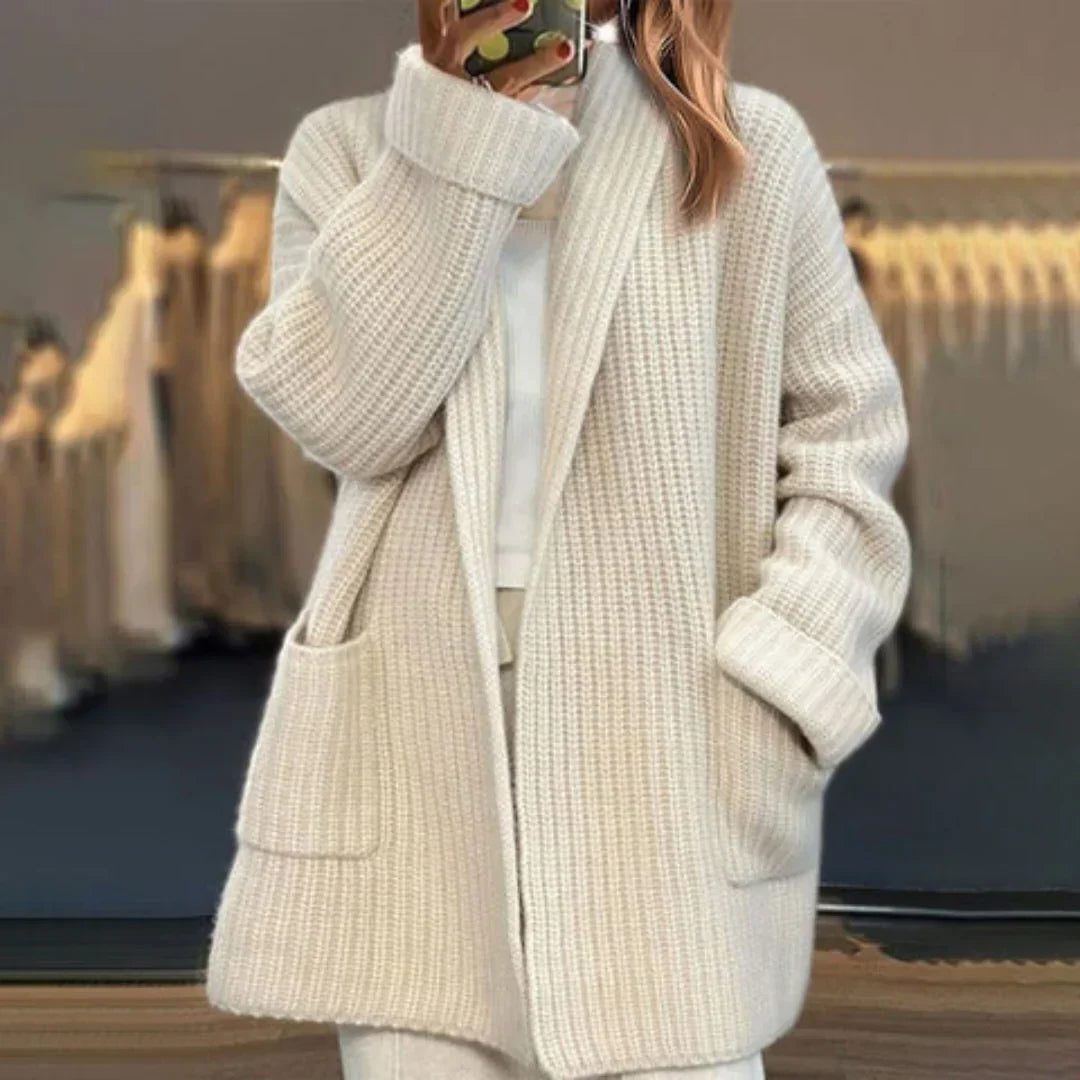 Oversized Ribbed Knit Cardigan with Front Pocket for Women
