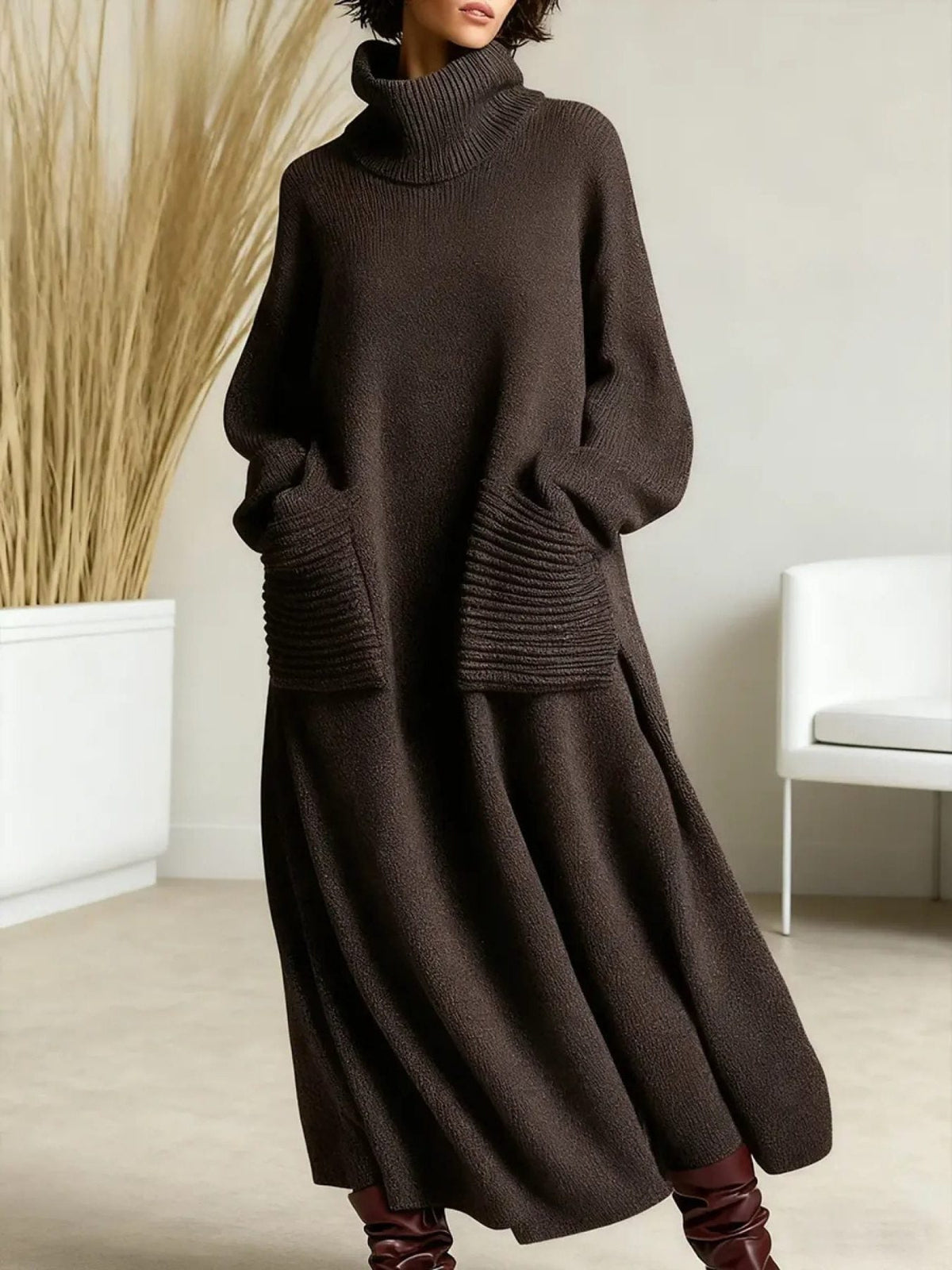 Oversized Ribbed Knit Maxi Dress with Roll Neck for Women